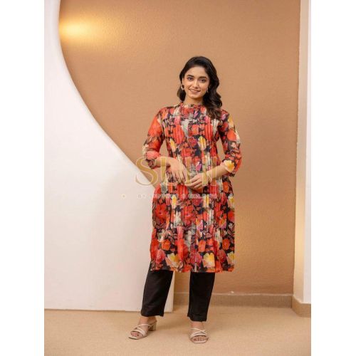 Ladies Red Printed Mul Chanderi Kurti Pant Set