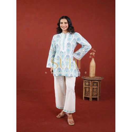 Ladies Sky Blue Printed Cotton Kurti Pant Set