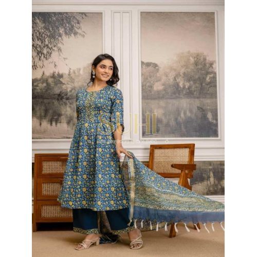 Ladies Teal Green Hand Block Print Pure Cotton Kurti Set with Dupatta