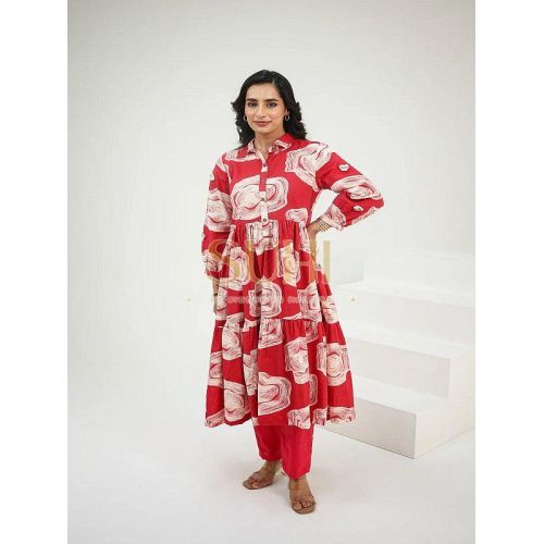 Ladies Umbrella Red Cotton Printed Kurti Set