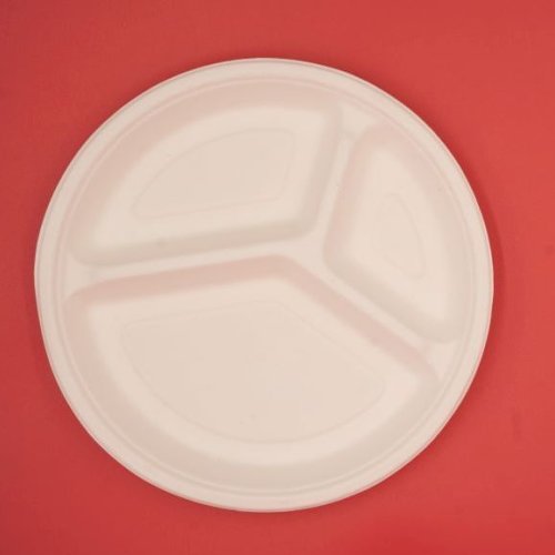 9 Inch 3 Compartment Bagasse Disposable Round Plate