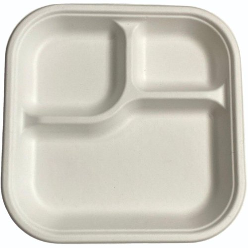 9 Inch 3 Compartment Bagasse Disposable Square Plate