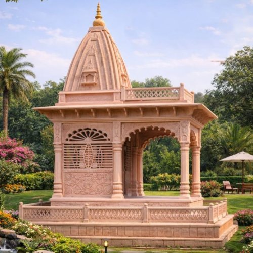12x10 Inch Carved Pink Sand Stone Temple