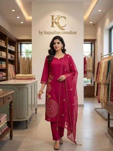 Cotton Thread Work Kurta Pant Dupatta Set