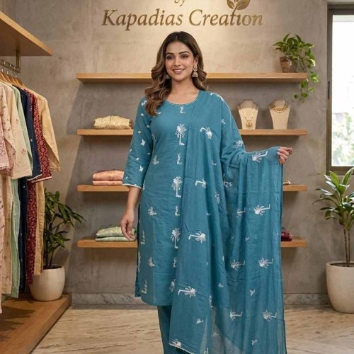 Designer Cotton Embroidered Straight Suit Set