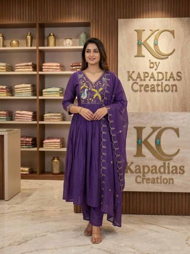 Mul Chanderi Embroidered Flared Kurta Set