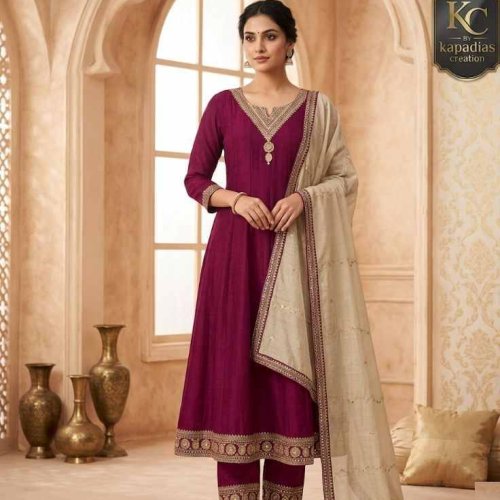 Premium Vichithra Silk Handwork Anarkali Suit Set