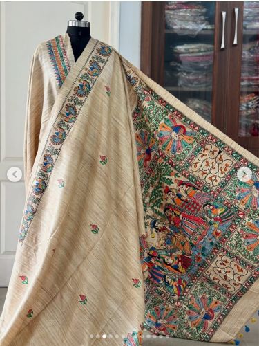 Ladies Traditional Madhubani Hand Painted Tussar Silk Saree