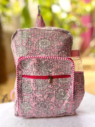 Pink Hand Block Quilted Cotton Backpack