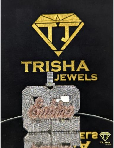 925 Sterling Silver Custom Personalized Satin Name Number Moissanite Diamonds Pendant
