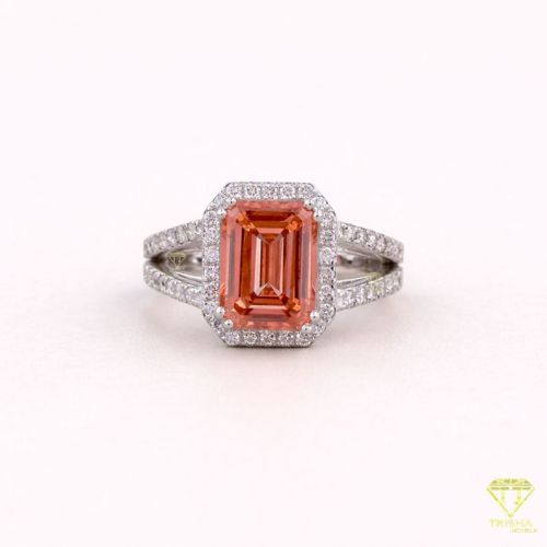 925 Sterling Silver Halo Split Shank Emerald Cut Peach Stone Moissanite Diamond Ring