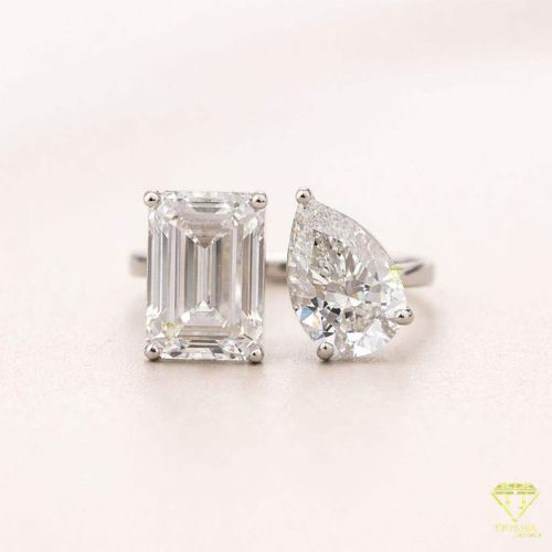 925 Sterling Silver Emerald Pear Cut Moissanite Diamond Open Adjustable Ring