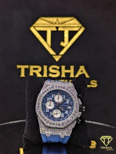 Premium Navy Blue Chronograph Dial Moissanite Diamond Watch
