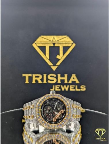 Fully Iced Out Skeleton Dial Gold Accent VVS Moissanite Diamond Luxury Hip Hop Watch