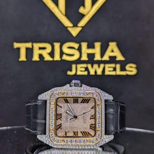 Bust Down Black Leather Strap Diamond Watch