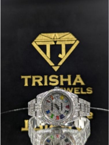 Luxury Rainbow Dial Fully Iced Out Silver VVS Moissanite Diamond Hip Hop Wrist Watch
