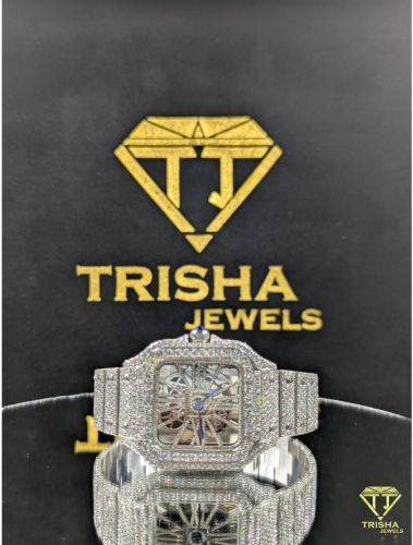 Luxury Square Face Skeleton Dial Fully Iced Out Silver VVS Moissanite Diamond Hip Hop Watch