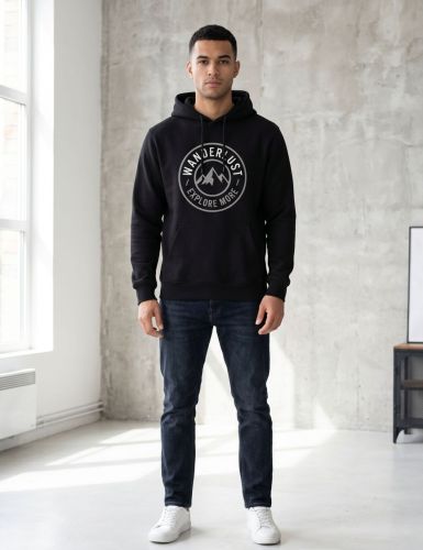 Mens Printed Black Cotton Hoodie
