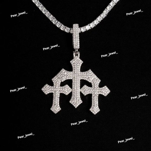 925 Sterling Silver VVS Moissanite Triple Cross Pendant