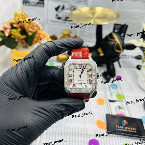 Iced Out Automatic Moissanite Red Leather Luxury Watch