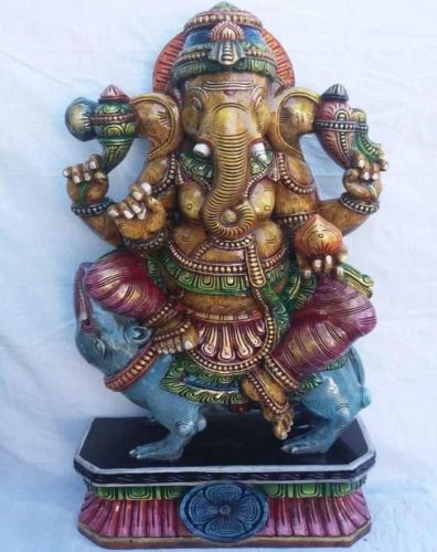24 Inches Wooden Four Armed Seated Ganesha Wooden Statue