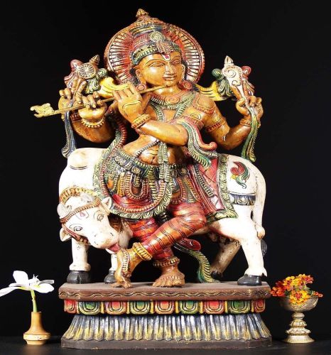 36 Inch Wooden Painted Venugopal Statue