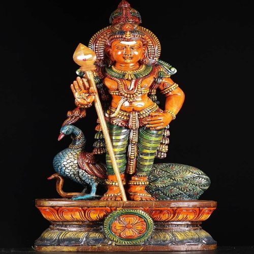 36 Inches Hand Carved Wooden Murugan Idol