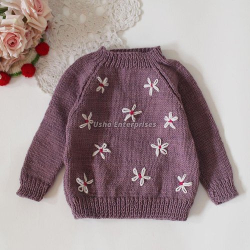 Handknitted Floral Embroidered Merino Pullover - Purple