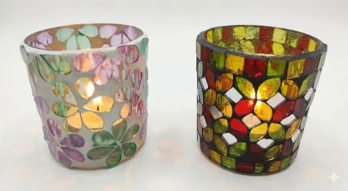Mosaic Glass Candle Votive Holder Set