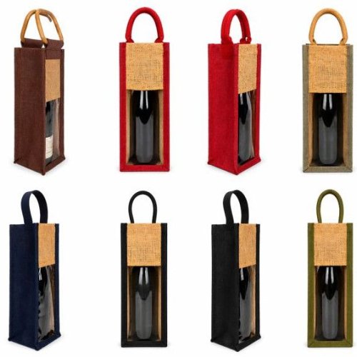 1 Bottle Jute PVC Window Wine Bottle Bag