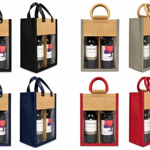 2 Bottle Jute PVC Window Wine Bottle Bag
