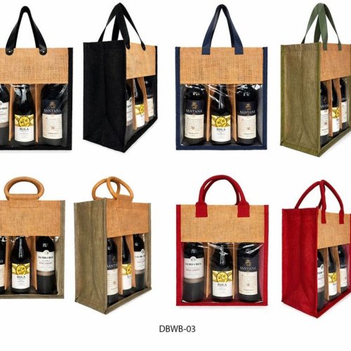 3 Bottle Jute PVC Window Wine Bottle Bag