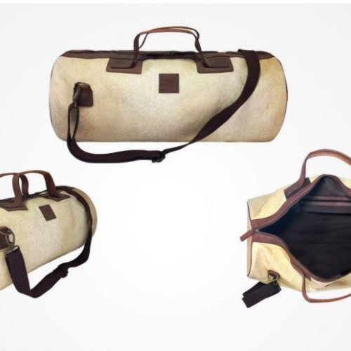 Beige Leather Trim Canvas Duffle Bag