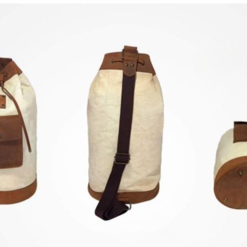 Beige Leather Trim Drawstring Duffel Bag
