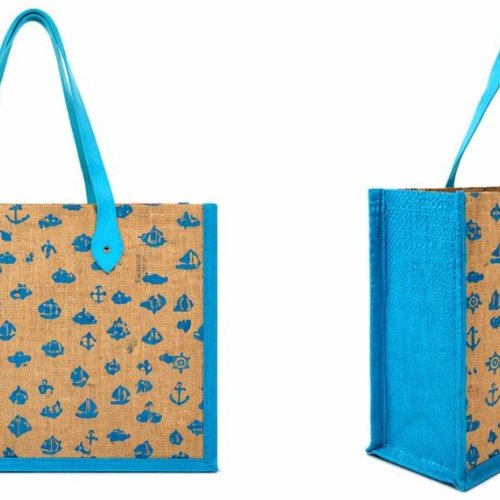 Blue Printed Jute Beach Bag