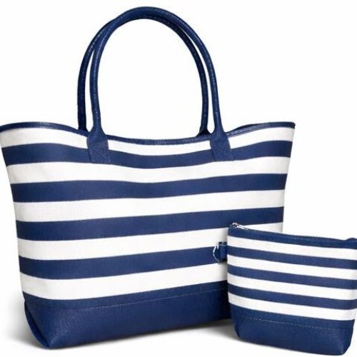 Blue Striped Cotton Canvas Beach Bag with PU Trim