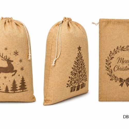 Christmas Printed Jute Drawstring Bag