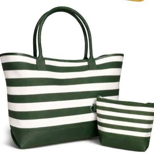 Green Striped Cotton Canvas Beach Bag with PU Trim