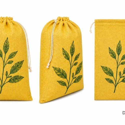 Leaf Printed Yellow Drawstring Jute Bag