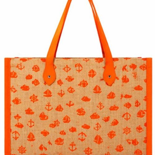 Orange Printed Jute Beach Bag