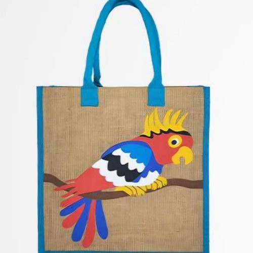 Parrot Embroidered Jute Beach Bag