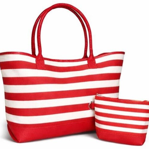 Red Striped Cotton Canvas Beach Bag with PU Trim