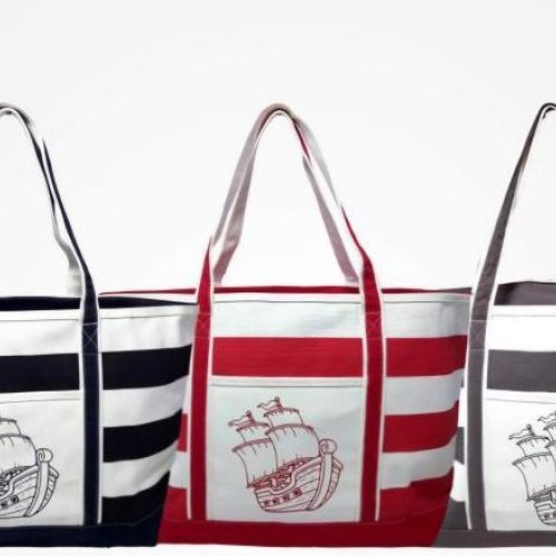 Ship Printed Cotton Canvas Beach Bag