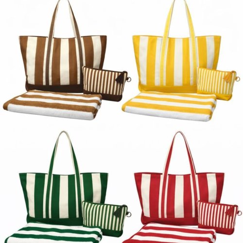 Striped Cotton Canvas Beach Bag Set