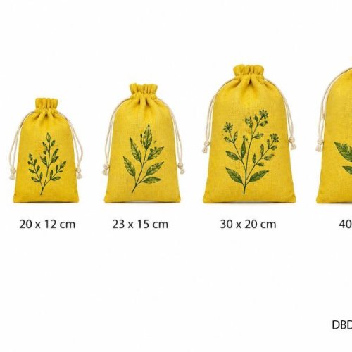 Yellow Printed Jute Drawstring Bag