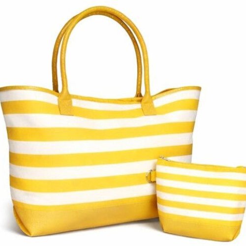 Yellow Striped Cotton Canvas Beach Bag with PU Trim