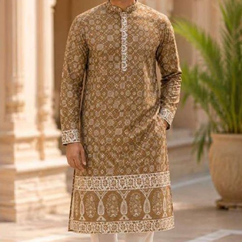 Mens Brown Printed Designer Kurta Pajama Set