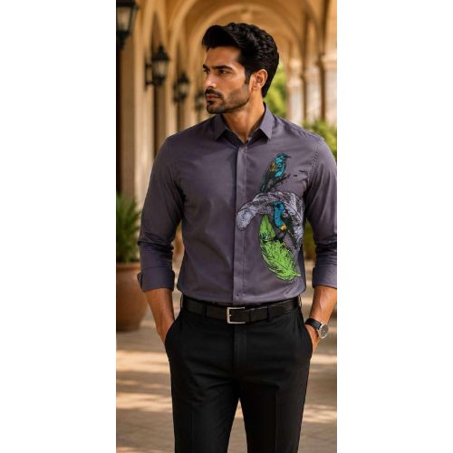 Mens Charcoal Bird Graphic Designer Shirt