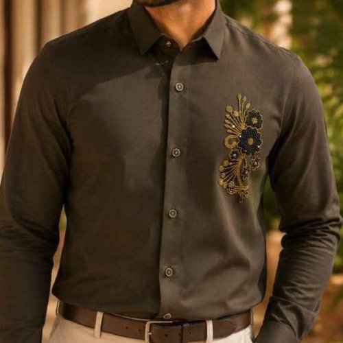 Mens Charcoal Floral Embroidered Shirt