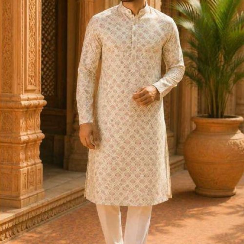 Mens Cream Printed Designer Kurta Pajama Set